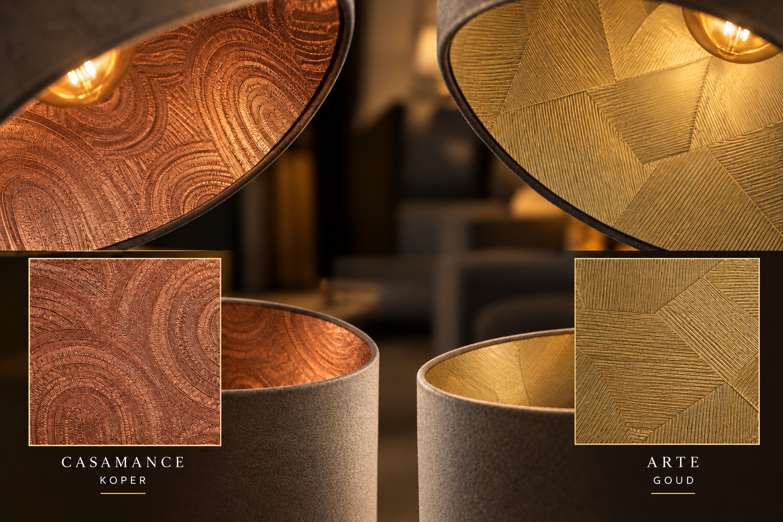 Lampenkappen met een exclusieve binnenzijde van luxe behang: links Casamance in koper, rechts Arte in goud